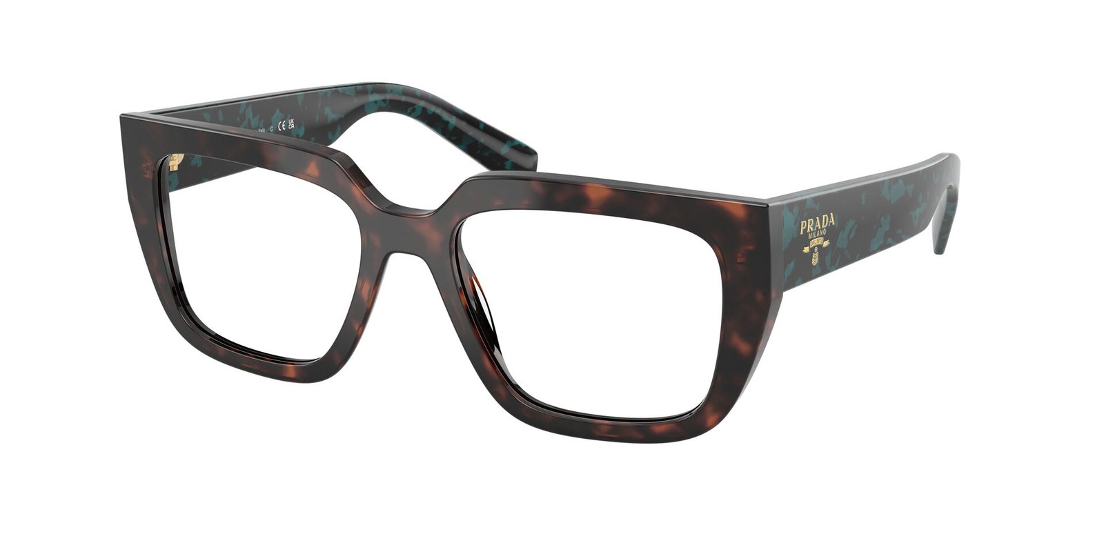 Das Bild zeigt die Prada Brille A03V in Root schildpatt leicht schräg von der Seite.